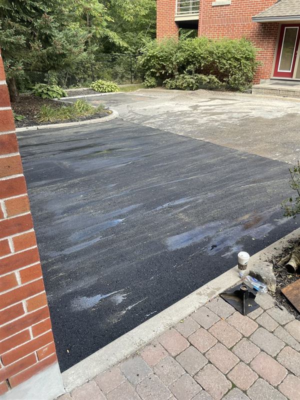 Fresh asphalt meeting an interlock walkway at a commercial entrance in Ottawa