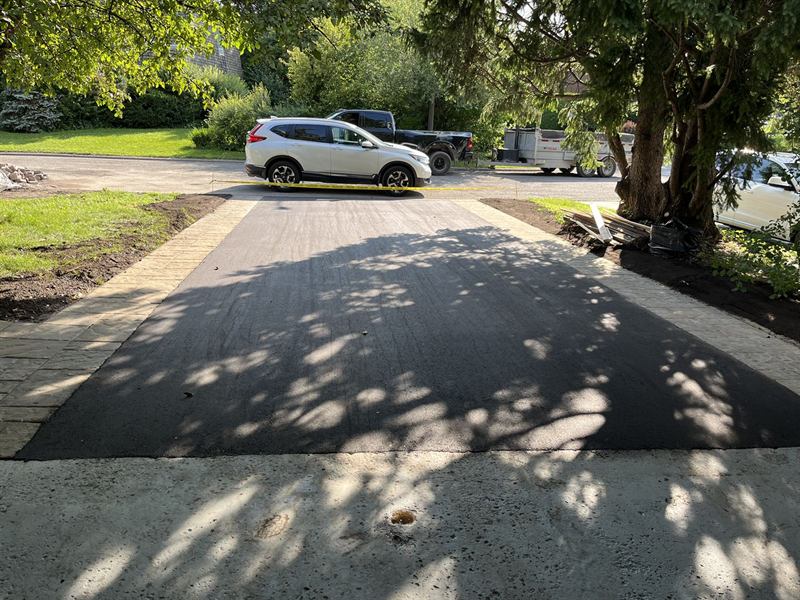 Freshly paved asphalt driveway apron meeting the street on a shaded Ottawa road